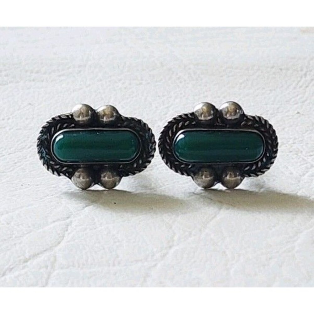 Vintage Green Onyx Stones Mexico Sterling Silver 925 Screw Back Earrings
